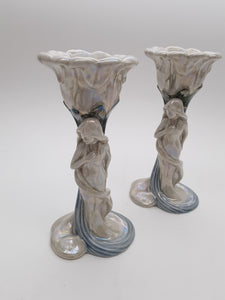 Fitz and Floyd Shell Putty Lustre and Art Nouveau 5-Piece Goblet, Candlestick, and Plate Set