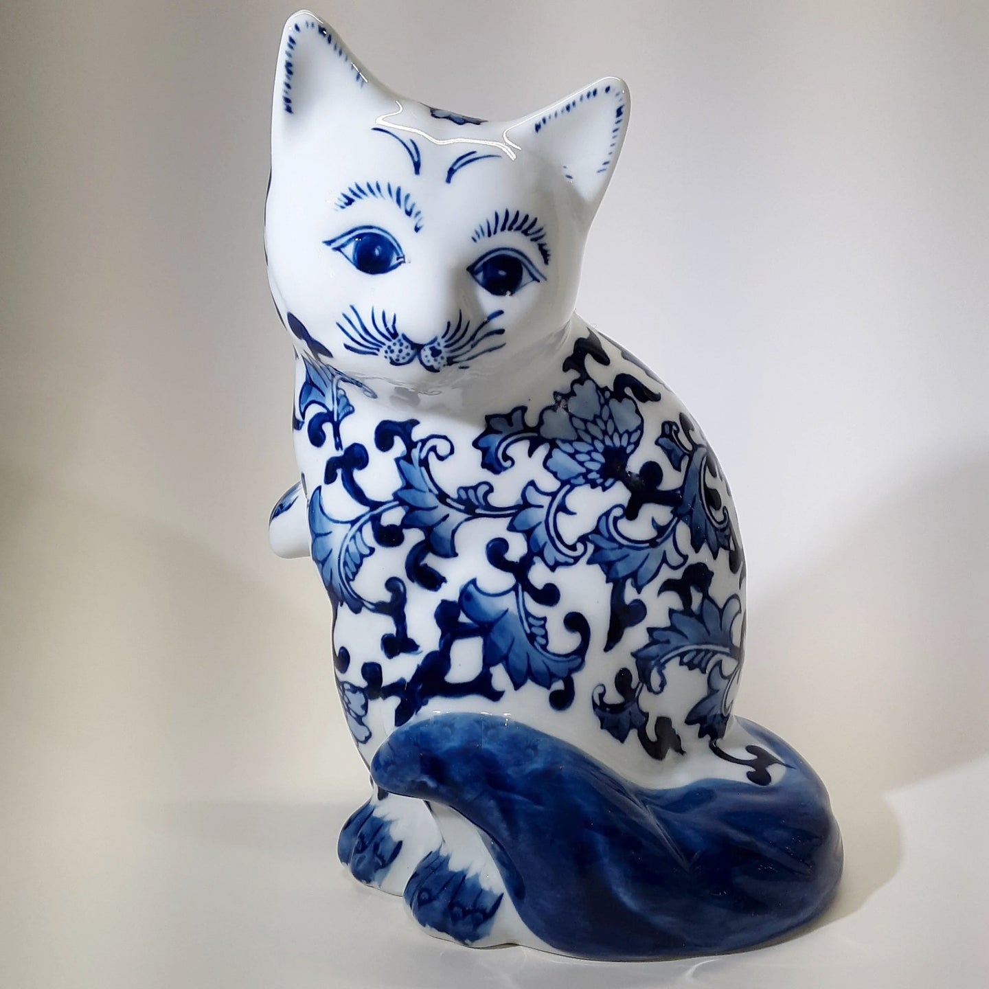 Blue and White Porcelain Good Luck Cat Figurine.