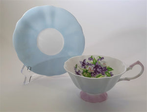 Queen Anne Pastel Blue and Pink with Violets Bone China Teacup/Saucer Set. ENGLAND.