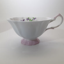 Queen Anne Pastel Blue and Pink with Violets Bone China Teacup/Saucer Set. 1945-1966, ENGLAND.
