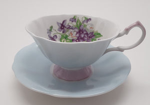 Queen Anne Pastel Blue and Pink with Violets Bone China Teacup/Saucer Set. ENGLAND.