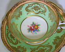 Paragon Powder Green and Gold/ Floral Bone China Teacup and Saucer Set. ENGLAND. c.1939-1949