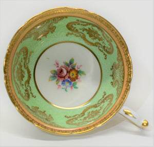 Paragon Powder Green and Gold/ Floral Bone China Teacup and Saucer Set. ENGLAND. c.1939-1949