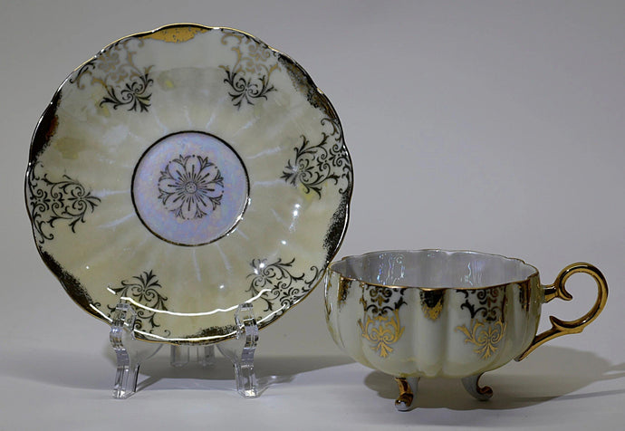 Royal Halsey Japan Ivory Lusterware Three Toed Scalloped Porcelain Teacup and Saucer Set