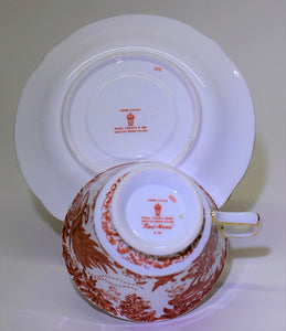 Royal Crown Derby Red Aves Fine Bone China Teacup and Saucer Set. ENGLAND.