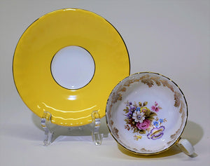 Aynsley Yellow and Floral Bone China Teacup and Saucer Set. ENGLAND.