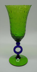 Italian Mid-Century Green Draped Optic and Blue Ring Art Glass Vase Set of Two