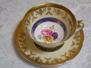 Royal Grafton Vintage Bone China Tea Cup & Saucer of Cobalt Blue, Turquoise w/ Gold and Rose Floral Design