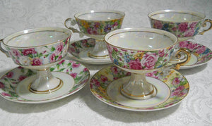 Royal Crown Lusterware Floral Pedestal Teacup/ Saucer Set of 4