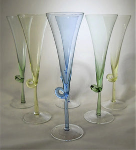 Colored Champagne Blue, Yellow, and Green Flared Trumpet Glasses With Looped Stems. Collection of Six.