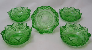 Tarentum Cane Insert Emerald Green Pressed Glass  Five 4" Berry Bowls, c.1898-1906