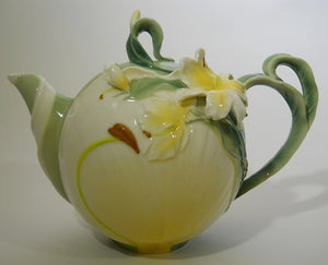 Pier 1 Imports Green and Yellow Ginger Lily Hand Painted Porcelain Teapot