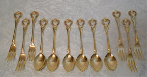 Stainless Steel Gold Plated 12 Piece Appetizer/ Dessert/ Espresso Fork and Spoon Collection with Open Floral Heart Finials. Japan 