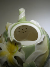 Pier 1 Imports Green and Yellow Hand Painted Ginger Lily Porcelain Teapot