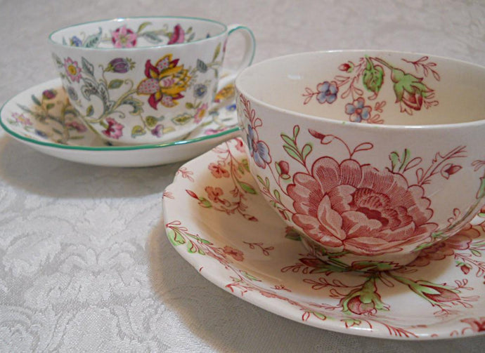 Minton Haddon Hall and Johnson Brothers Rose Chintz Tea Cup and Saucer Sets (2)