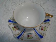 Ucagco Hand Painted Blue Stripes and Floral on White Porcelain Teacup/Saucer c.1950's