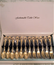 Gold Plated Stainless Steel 12-Piece Appetizer/ Dessert/ Espresso Fork and Spoon Collection with Open Floral Heart Finials. Japan