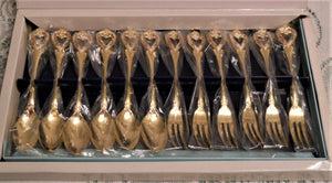 Gold Plated Stainless Steel 12-Piece Appetizer/ Dessert/ Espresso Fork and Spoon Collection with Open Floral Heart Finials. Japan