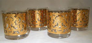 Georges Briard Spanish Gold Old Fashioned/ Lowball Barware Glass Collection of Four. Mid Century Modern c.1960's