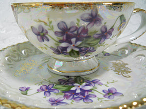Lusterware Teacup With Purple Flowers and Gold Trim