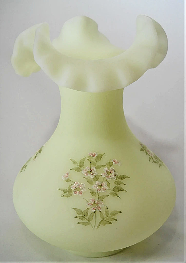 Fenton Custard Satin Glass Crimped Flower Vase Hand Decorated by Marilyn Wagner 