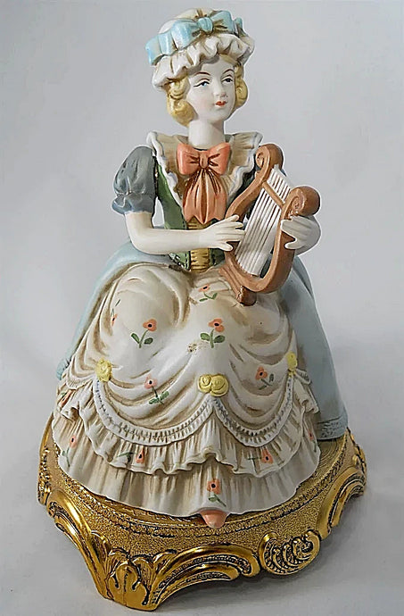 Blue Danube Waltz Music In Motion Porcelain Woman with Lyre Harp Music Box