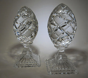 Vintage Polish Lead Crystal Hand Cut Egg Shaped Pedestal Paperweight Set of Two