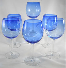 Artland Holiday Stars Blown Glass Blue and Etched Frosted Stars w/Curls Balloon Wine Glasses Collection of Six