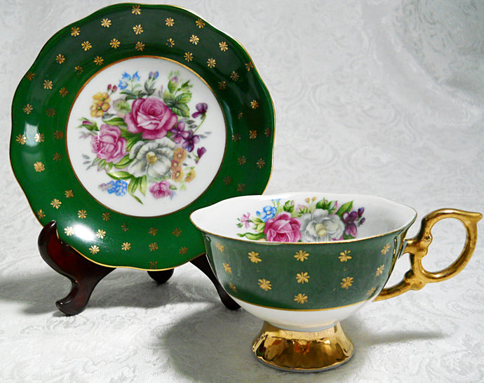 Shafford Japan Green/Gold/ and Floral Tea Cup and Saucer Set