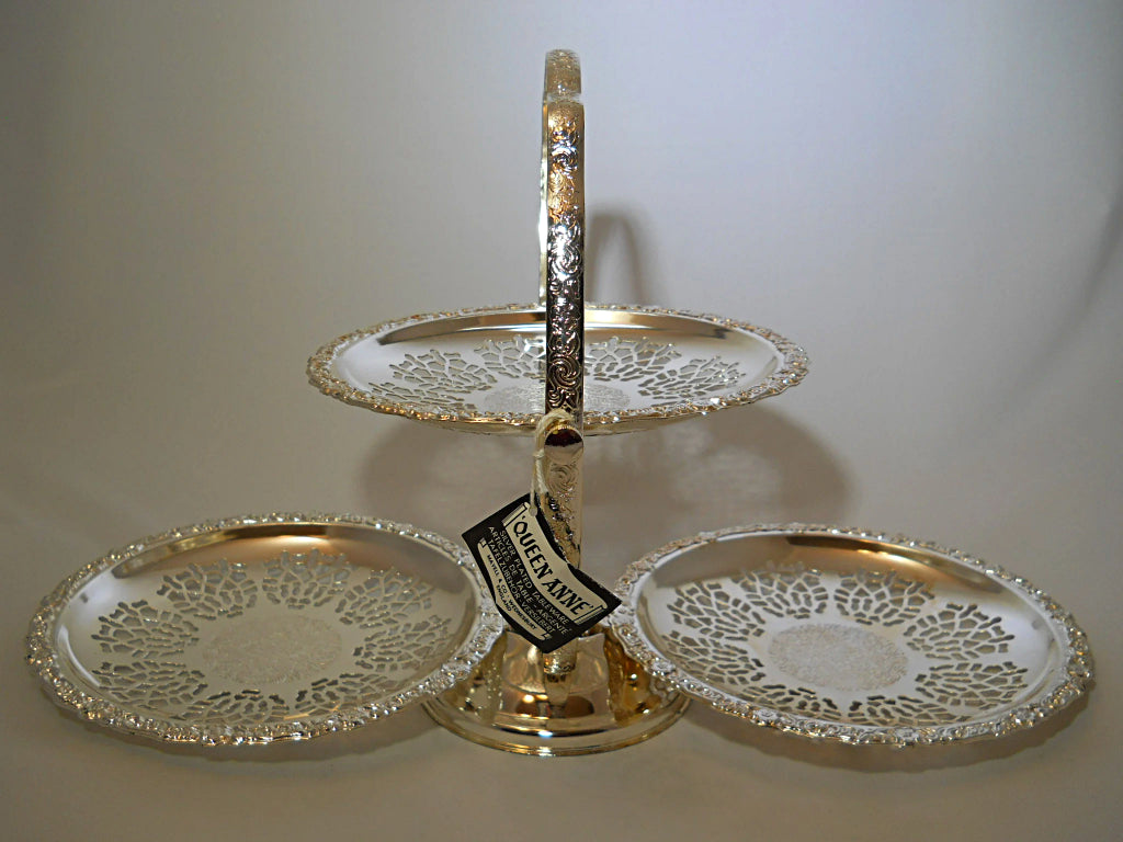 Queen Anne Silver Plated 3 Tier Folding Serving Tray, Made In England
