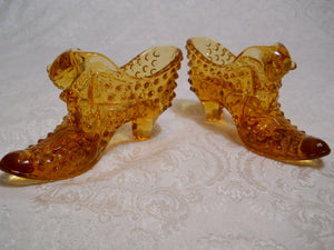 Vintage Fenton Hobnail Amber Glass Shoes with Cat Set of 2