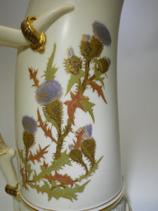 Royal Worcester England Blush Ivory Porcelain Floral and Gold Gilt Tusk/ Horn Handle Jug, c.1888