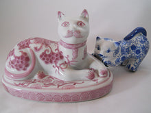 Pink Cat and Blue Kitten Decorated Porcelain Figurines