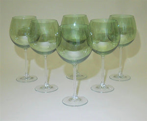 Krosno Iridescent Green Crystal Balloon Wine Goblet Collection of Six.