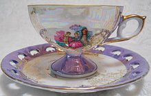 Lusterware Musical Teapot and Six Cup/Saucer Set in Iridescent Lavender/ Gold, c. 1950's. Very Rare.