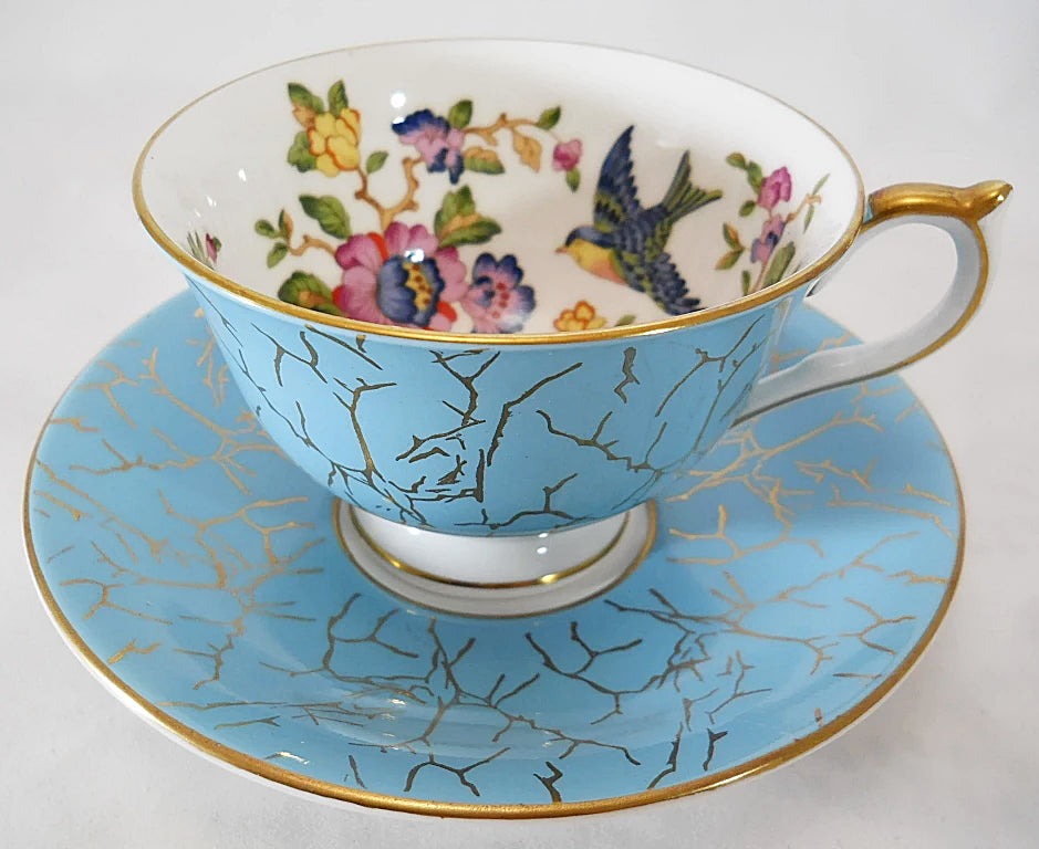 Aynsley England Turquoise and Gold with Floral and Bird Interior Design #2971 Bone China Teacup and Saucer Set