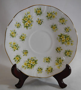 Queen's England Fine Bone China Primrose Yellow and Gold Countryside Series Teacup and Saucer Pair.