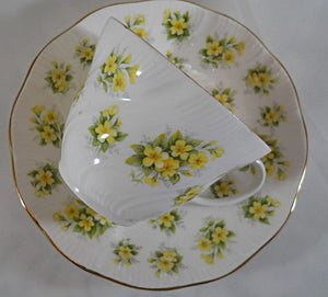 Queen's England Fine Bone China Primrose Yellow and Gold Countryside Series Teacup and Saucer Pair.