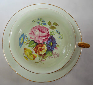 Royal Grafton England Mint Green and Floral Hand Painted Fine Bone China Tea Cup and Saucer Set.