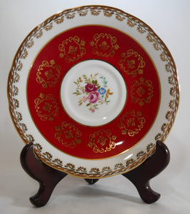 Sutherland William Hudson England Red, Gold, and Floral Bone China Teacup and Saucer Set. Circa 1930's