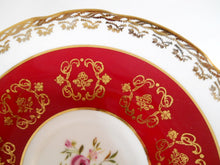 Sutherland William Hudson England Red, Gold, and Floral Bone China Teacup and Saucer Set. Circa 1930's