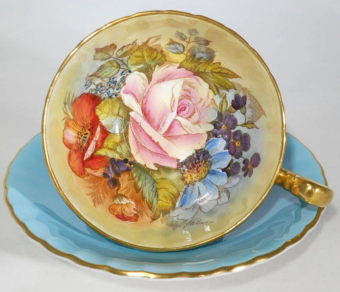 Aynsley J.A. Bailey Signed Turquoise and Pink Cabbage Rose Floral Tea Cup and Saucer Collection