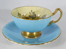 Aynsley J.A. Bailey Signed Turquoise and Pink Cabbage Rose Floral Tea Cup and Saucer Collection