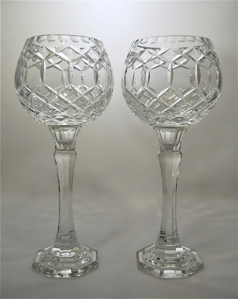 Hand Cut Polish Lead Crystal Pedestal Rose Bowl Centerpiece Candle/ Potpourri Holder Pair of Two.