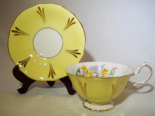 Queen Anne England Pastel Yellow, Pink, and Blue w/Gold Trim Bone China Teacup and Saucer Collection of Two. C.1959
