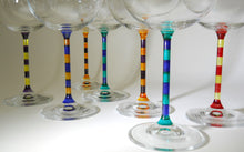 Striped Stem Hand Painted Balloon Wine Glasses Collection of Seven