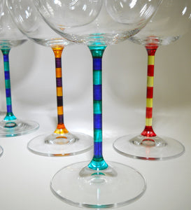 Striped Stem Hand Painted Balloon Wine Glasses Collection of Seven