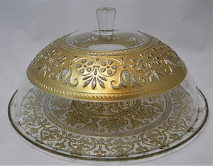 Anatolia Turkish Gold on Iceberg Art Glass Cake Plate with Gold Painted Dome Lid