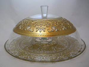 Anatolia Turkish Gold on Iceberg Art Glass Cake Plate with Gold Painted Dome Lid