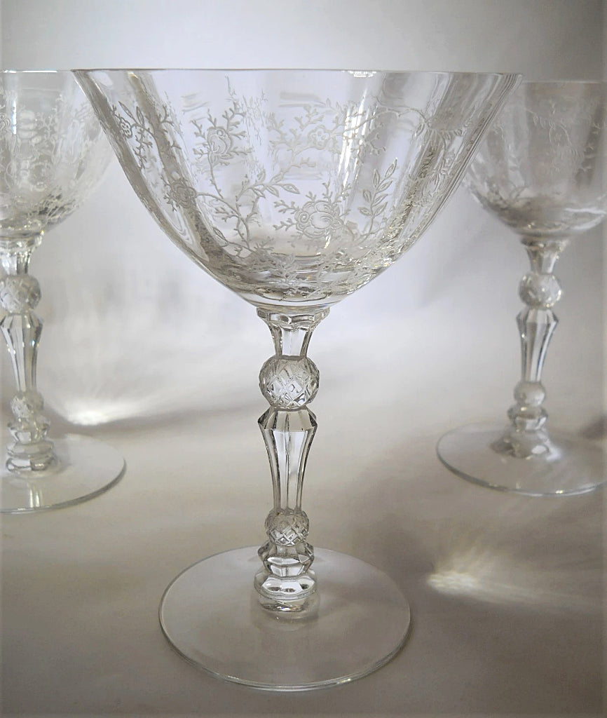 Fostoria Etched Chintz Champagne/ Sherbet Blown Glass Collection of Four. 1970's